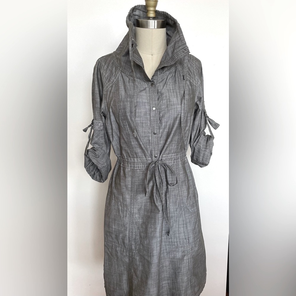 Sporty Dress w/ Cowl Neck Collar & Roll Tab Sleeves, Grey, Medium, 100% Cotton